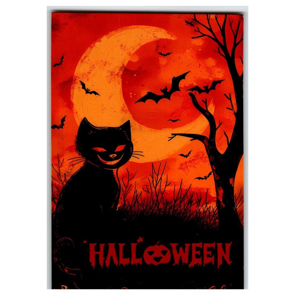 Vintage Style Halloween Black Cat Full Moon Bats Spooky Postcard